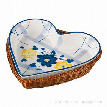 Fine Porcelain 7-10" Tray in Heart Shape with Basket, Hand Painted